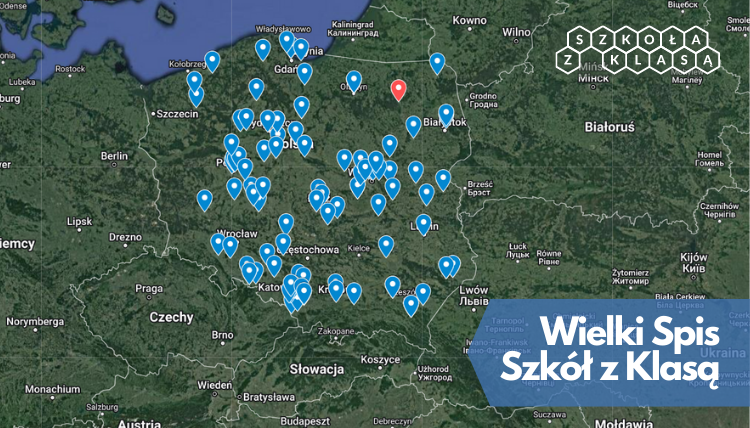 Mapa z pinezkami spisanych szkół, które brały udział w programie Szkoła z Klasą w ciągu 20 lat.
