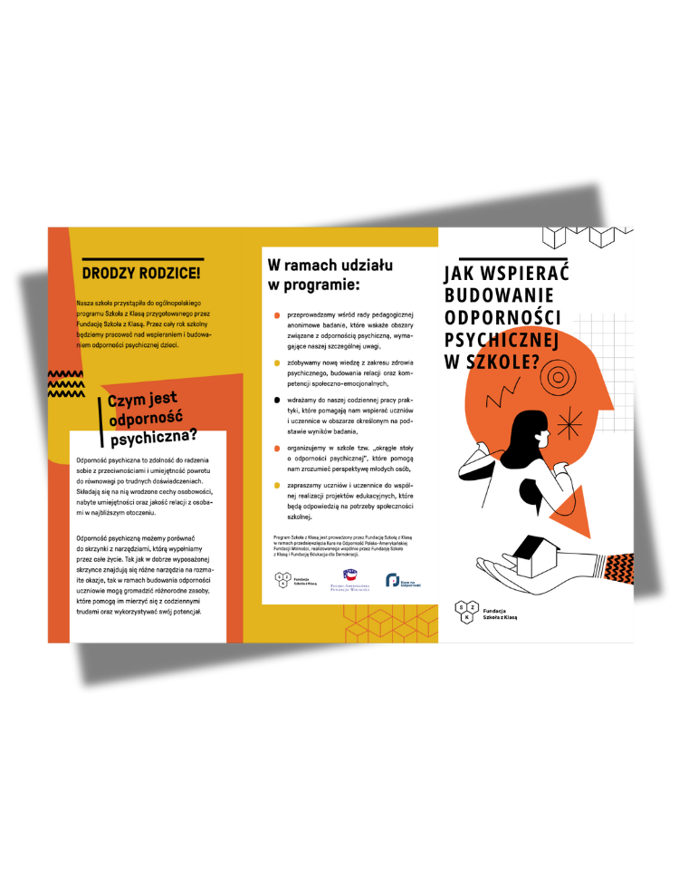 Ulotka informacyjna dla rodziców, informująca o udziale szkoły w programie Szkoła z Klasą