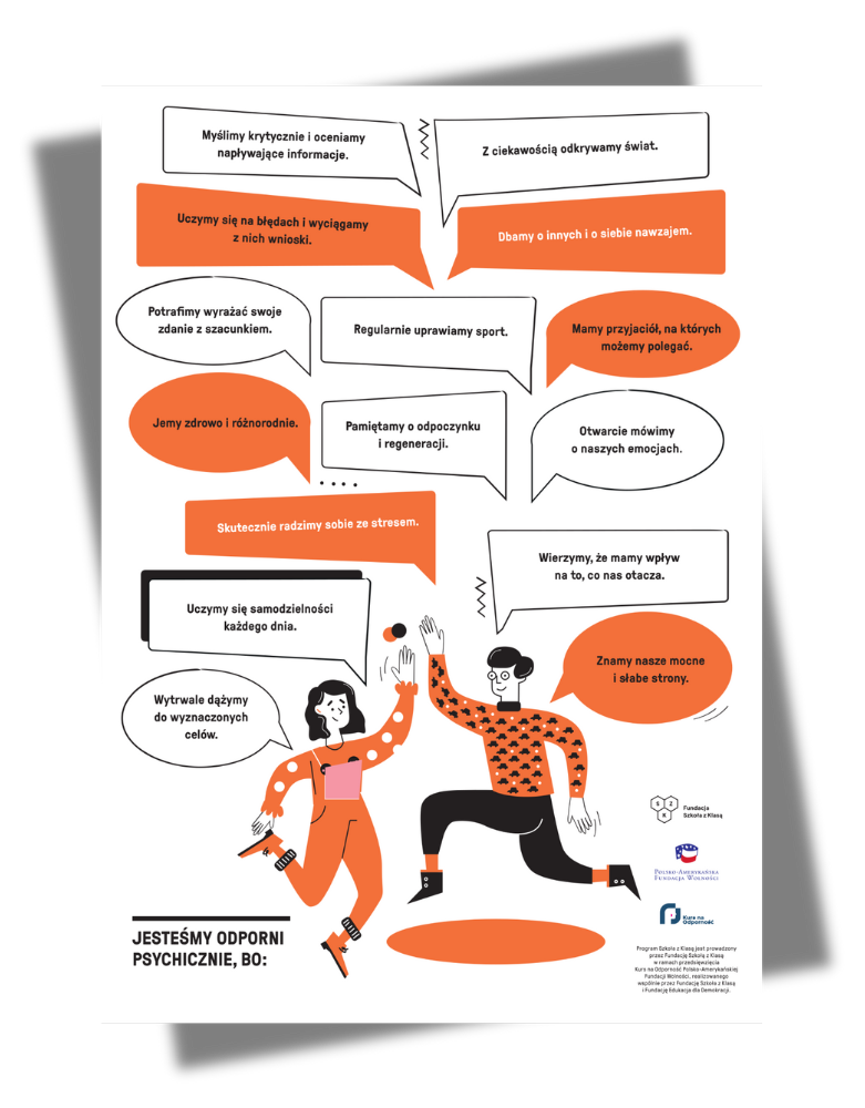 Plakat z grafiką prezentującą obszary odporności psychicznej wspierane w programie Szkoła z Klasą. Możecie go pobrać, wydrukować i powiesić w Waszej szkole.